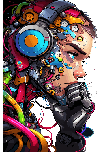 Ilustración de un personaje cyborg futurista en actitud pensante con auriculares y componentes mecánicos