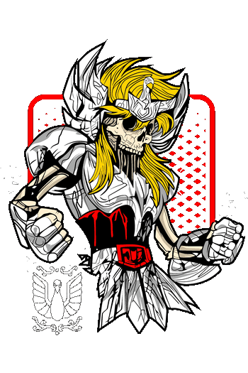 Dragon Ball vibe Diseño de Hyoga Caballero del Cisne zombie con calavera y armadura agrietada para ropa streetwear.