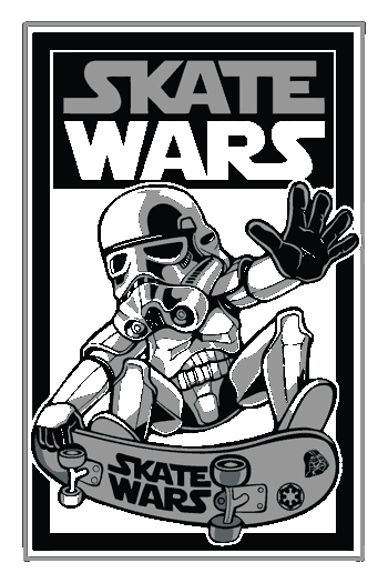 Pop Culture Parodies Arte vectorial en blanco y negro de un Stormtrooper de Star Wars haciendo un truco en una patineta bajo el título 'Skate Wars