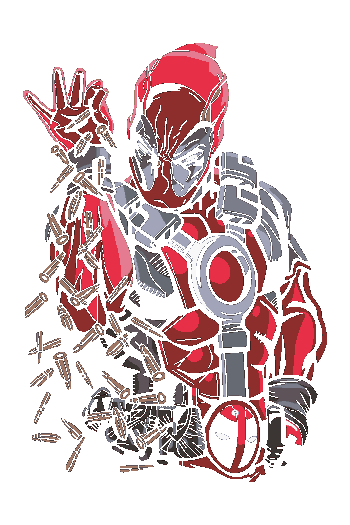 Diseño vectorial de Deadpool parodiando el meme de Salt Bae, dejando caer balas en lugar de sal