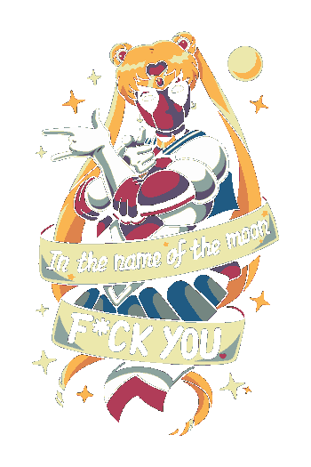 Pop Culture Parodies Ilustración vectorial parodia de Deadpool usando el traje de Sailor Moon con un mensaje irreverente sobre una cinta dorada.
