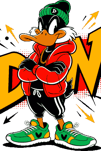 pato: bomber roja, cadenas de oro, beanie verde, sneakers hearts y rayos explosivos