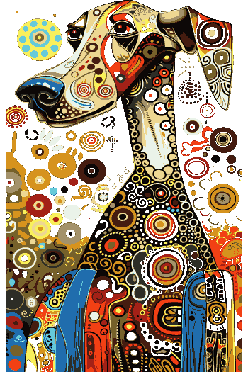 Vector dálmata perfil estilo Klimt patrones circulares orgánicos espirales paleta dorado rojo negro