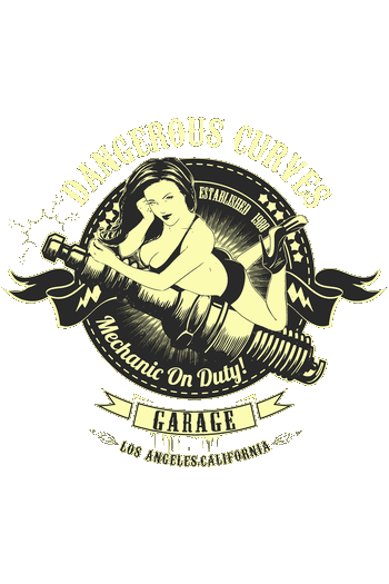 Retro Kulture & Varsity Classic Logotipo vectorial circular de estilo vintage de un taller de Los Ángeles con una chica pin-up sobre una bujía de motor.