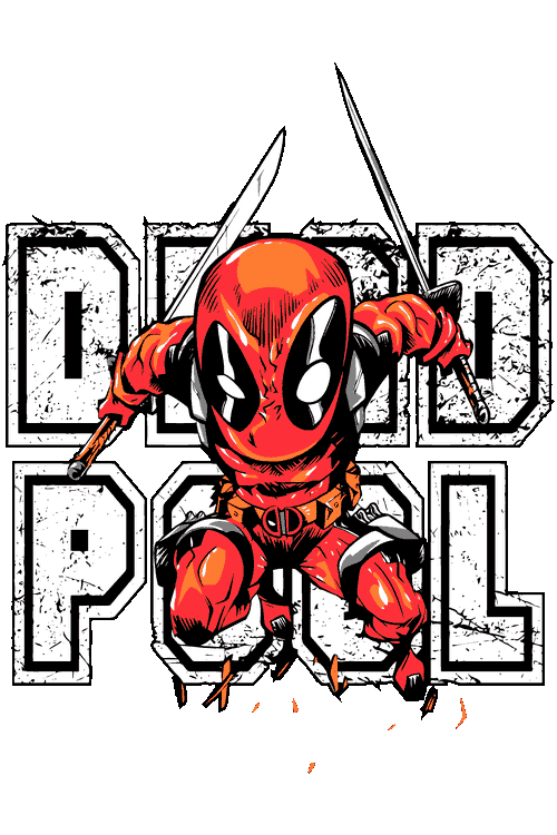 Cómics Dino Chibi Deadpool Monstruos Diseño vectorial de Deadpool estilo chibi cabezón con espadas katanas y texto en bloque.
