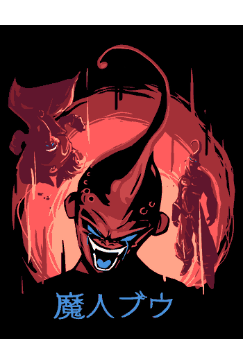 Animevar2 Diseño vectorial de Majin Buu con sonrisa malévola, fondo rojo carmesí, siluetas de otros personajes