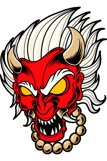 Mitología Oscura, Brutal Gráfico vectorial de una máscara de demonio Hannya japonés de color rojo con cuernos, ojos amarillos y collar de cuentas.