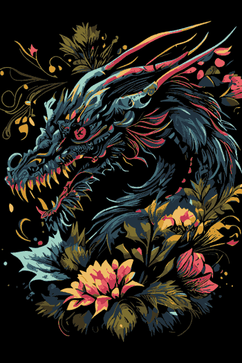 LOS MONSTRUOS Majestuoso dragón envuelto en flores vibrantes en estilo neo-tradicional