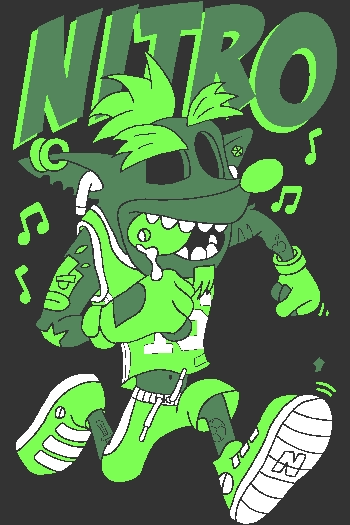Diseño vectorial de personaje verde saltando con auriculares y zapatillas, texto 'NITRO' y notas musicales