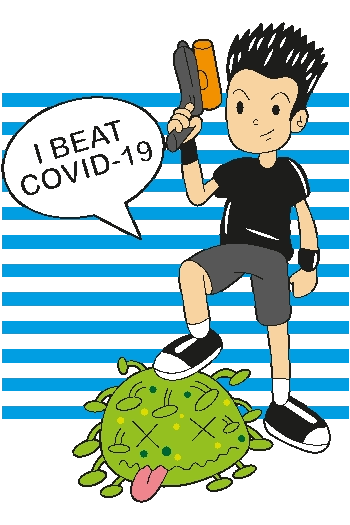 Vector de joven pisando un virus verde caricaturesco, globo de texto 'I Beat COVID-19', estilo urbano