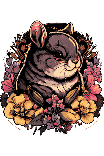 Diseño vectorial de chinchilla con expresión serena, rodeado de flores rosas y amarillas
