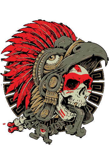 Arte vectorial de un cráneo de guerrero azteca con casco de águila y plumas rojas vibrantes
