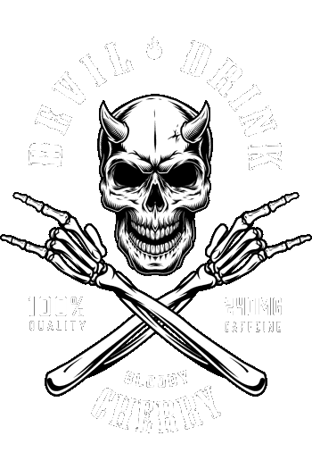 American Gangster Calavera demoníaca con cuernos, huesos cruzados y detalles energy drink