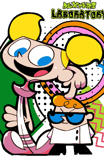  Dexter y Dee Dee, con círculos psicodélicos, colores vibrantes en un laboratorio 