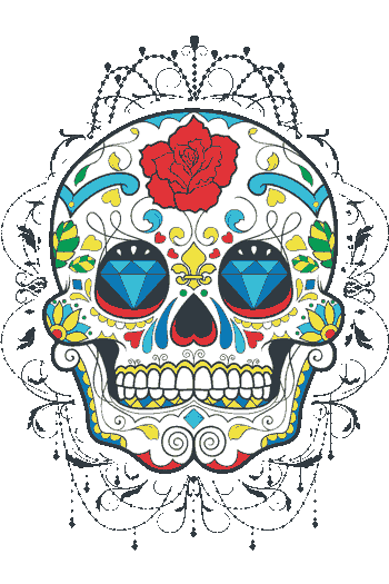 Urban Banjo Vector de calavera Día de Muertos con ojos de diamante azul, rosa roja y ornamentos florales, fondo gótico