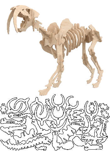 Vectores Corte Láser: Rompecabezas 3D Esqueletos Prehistóricos Maqueta armada en madera clara de un esqueleto de tigre dientes de sable prehistórico para ensamblar en corte láser.