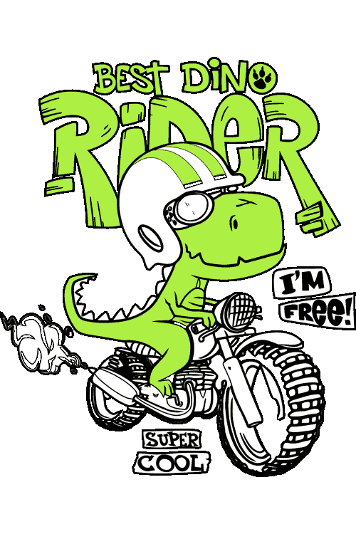 Ilustración vectorial infantil de un dinosaurio T-Rex verde en motocicleta con casco.
