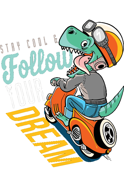 Cool Animals & Monsters Basketball Monster Diseño vectorial de dinosaurio T-Rex en casco conduciendo motoneta con la frase Follow Your Dream.