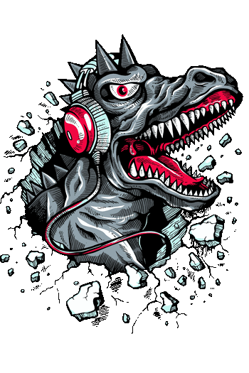 Ilustración vectorial de un dinosaurio monstruoso con auriculares rojos rompiendo una pared.
