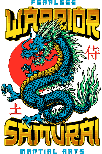 Espíritu Guerrero (Viper, Cobra & Dragon) Gráfico vectorial de un dragón tradicional asiático de color azul frente a un sol naciente rojo con texto en 3D Samurai Warrior.