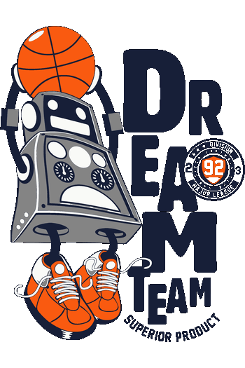 Kids & Youth Graphic Style Vector deportivo de robot jugando básquetbol Dream Team para camisetas escolares de niños.
