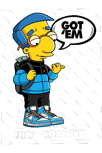 Drip Money, Drip Homer, Drip Burberry Ilustración vectorial de Milhouse de Los Simpsons con ropa urbana, tenis Jordan y burbuja de texto diciendo Got Em para estampado DTF.