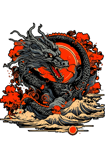ÉPICOS Gráfico de dragón japonés con olas de Kanagawa y sol rojo estilo tatuaje oriental para ropa.