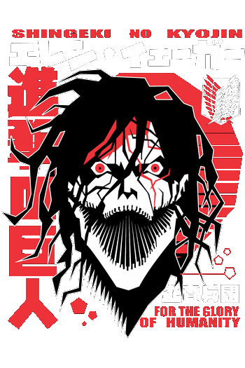 Gráfico tipo poster de la cara del titán de Eren en alto contraste blanco y negro con detalles rojos.