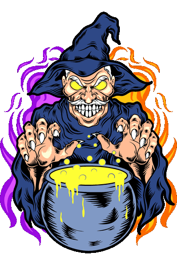 Mitología Oscura, Brutal Diseño vectorial de un brujo malévolo con sombrero cocinando una poción amarilla en un caldero con fuego místico morado.