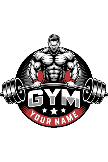 Gym1 Logotipo circular de gimnasio con un hombre musculoso levantando una barra de pesas