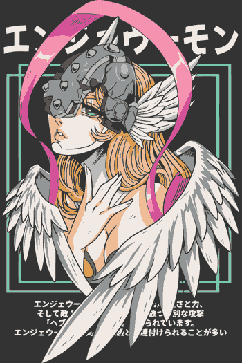 Drop Anime + One Piece + DC Vector Angewomon Digimon cyberpunk alas blancas casco metálico tipografía japonesa