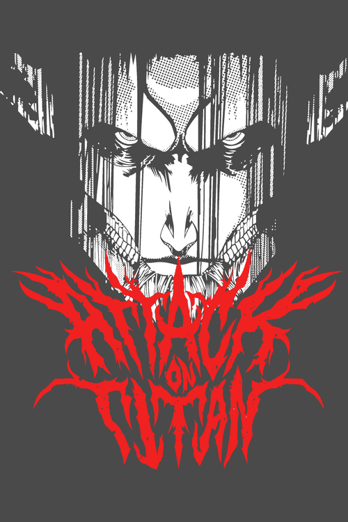 Diseño vectorial del Titán de Ataque Eren Yeager con letras rojas estilo metal.