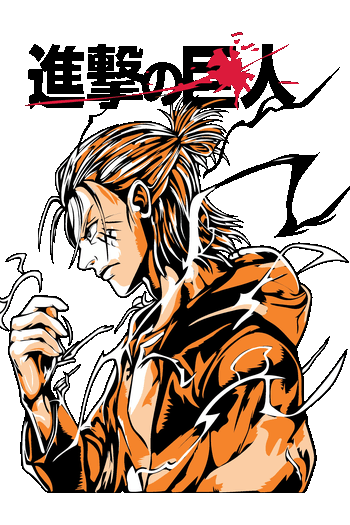 Gráfico vectorial de perfil de Eren Yeager con sudadera naranja y rayos de energía sobre fondo transparente.