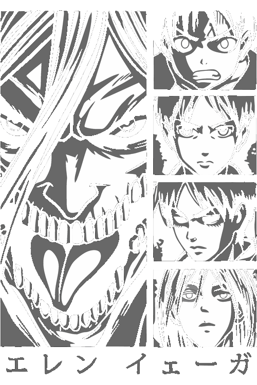 Diseño vectorial de Eren Yeager y Titán Ataque en paneles estilo manga.