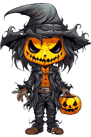 Ilustración vectorial de un espantapájaros siniestro con cabeza de calabaza y sombrero de brujo.