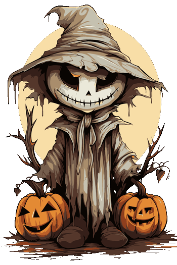 Diseño vectorial de un espantapájaros con sombrero de brujo y calabazas iluminadas para Halloween.