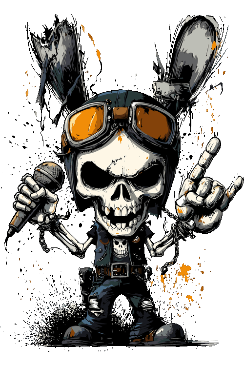 Ilustración vectorial de esqueleto con orejas de conejo, casco de aviador, micrófono y señal rockera.