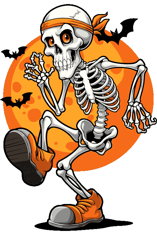 Ilustración vectorial de esqueleto alegre corriendo frente a una luna llena de Halloween con murciélagos.