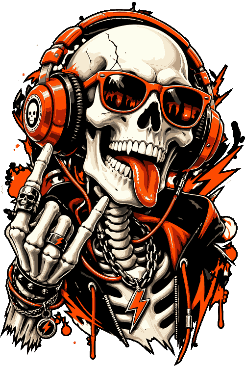 Rocker Skull, Zombie Wolf Skeleton Ilustración vectorial de esqueleto rockero DJ con audífonos naranja, gafas de sol y seña de rock.