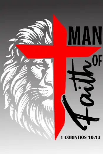 Diseño vectorial 'Man of Faith' con león y cruz roja, 1 Corintios 10:13