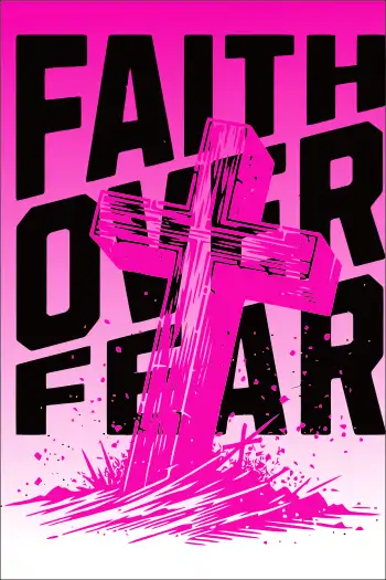 Vector de 'Faith Over Fear' con cruz desgastada y fondo rosa neón