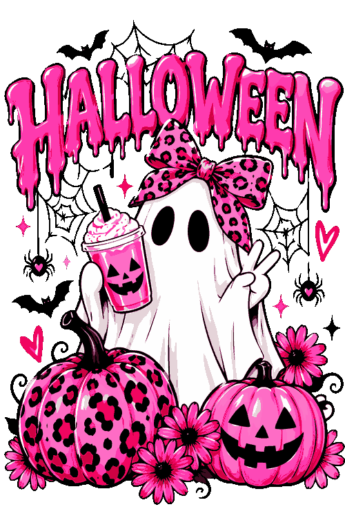 Vectores Horror Glam, Streetwear Cyberpunk Ilustración vectorial de fantasma tierno de Halloween con lazo de animal print rosa y calabazas