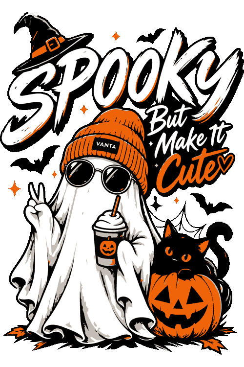 Rocker Skull, Zombie Wolf Skeleton Diseño vectorial de fantasma con gorro naranja, gafas de sol, café y texto Spooky But Make It Cute.