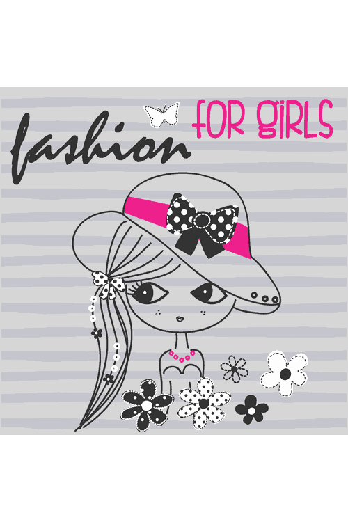 Diseño vectorial estilo boceto de moda con niña luciendo pamela, lazo y texto Fashion for Girls.