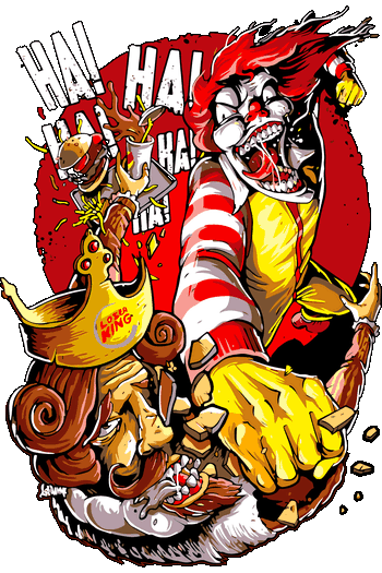 Trippy Parodies Ilustración vectorial de un payaso de comida rápida golpeando a un rey con corona en un estilo de cómic bizarro y violento.