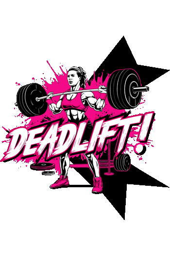 Sports & Fitness: Ciclismo MTB, Powerlifting Diseño vectorial de mujer levantando barra con discos de pesas en tonos fucsia y fondo de estrella.