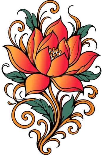 Étnicos Dreamcatche Flores Tribales Flor de loto estilizada en tonos rojos y naranjas intensos con hojas verdes y elegantes espirales