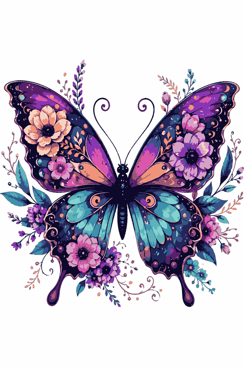 Ilustración vectorial de mariposa ornamental con alas florales en tonos púrpura y turquesa.