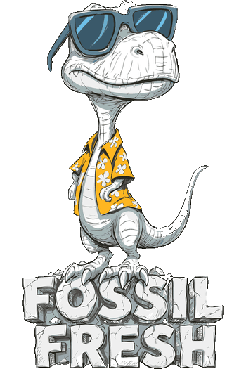 Ilustración vectorial de un dinosaurio con gafas de sol y camisa playera amarilla sobre letras de piedra que dicen 'FOSSIL FRESH'