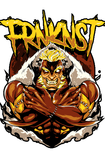 Diseño gráfico de un monstruo estilo Frankenstein musculoso con brazos cruzados y tipografía amarilla rebelde sobre fondo negro.
